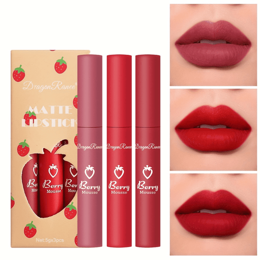 3 Colors Strawberry Berry Matte Lipstick Softness Velvet Matte Lip Gloss