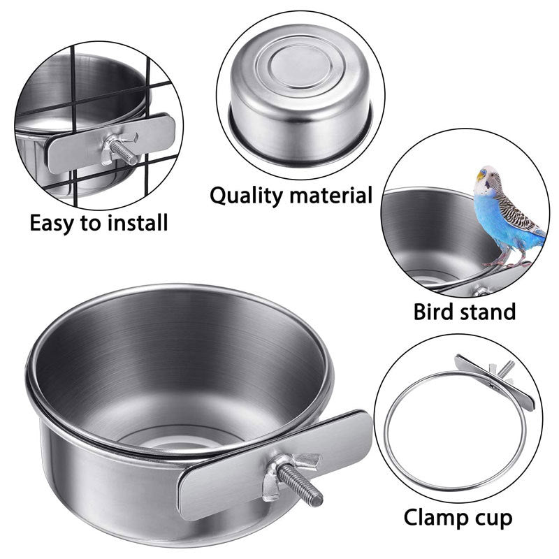 Stainless Steel Parrot Food Bowl with Clamp Holder