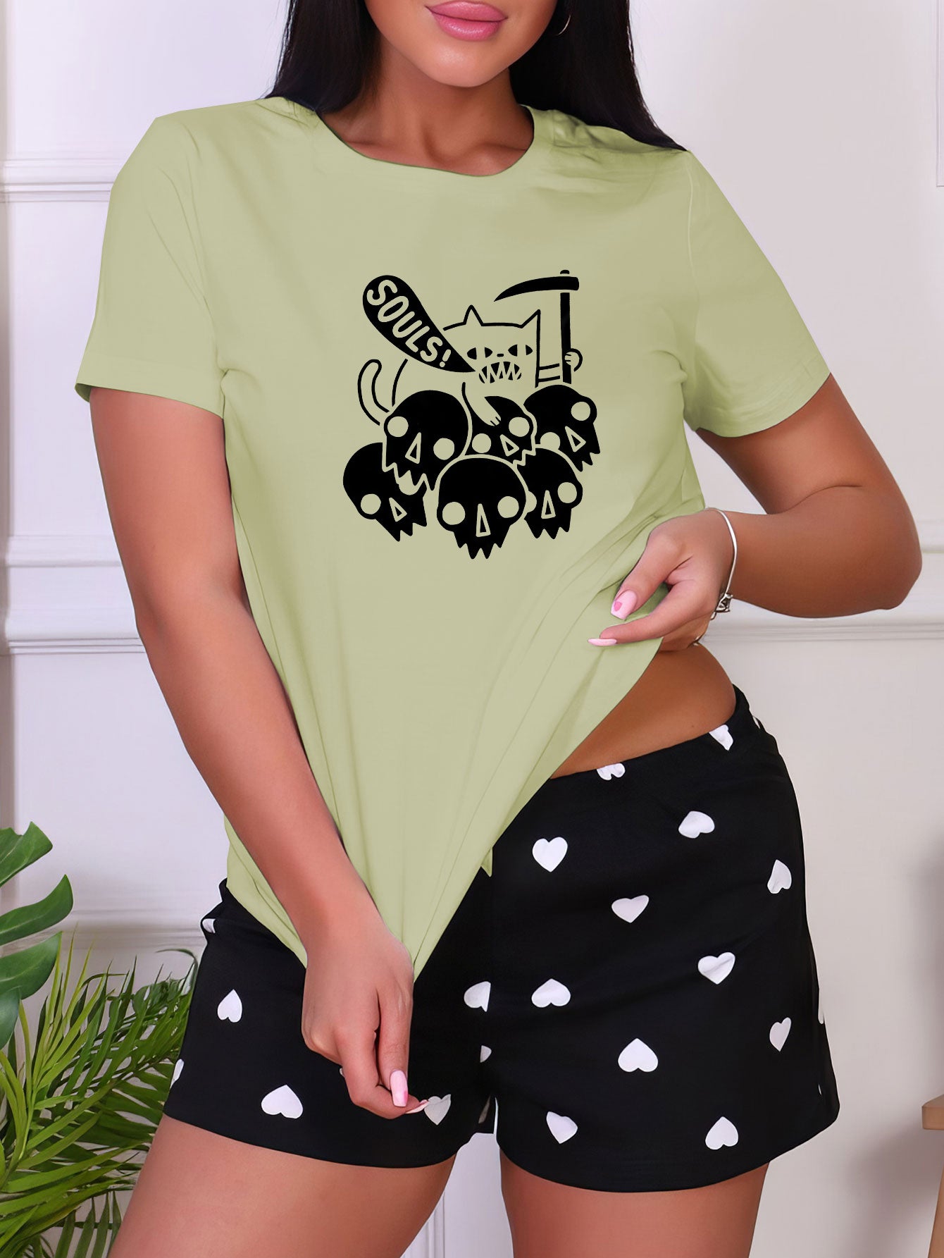 Cat & Skull Print Short Sleeve Sleep Top