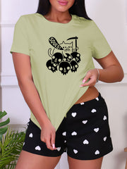 Cat & Skull Print Short Sleeve Sleep Top
