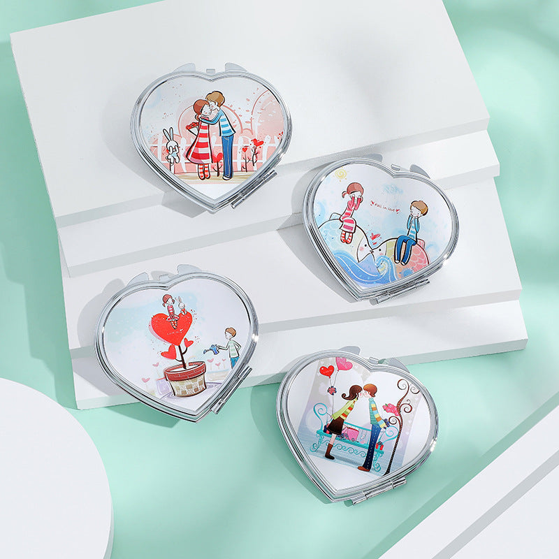 Heart Shape Compact Mirror Couple Style Double Side HD Cosmetic Touch up Mirror