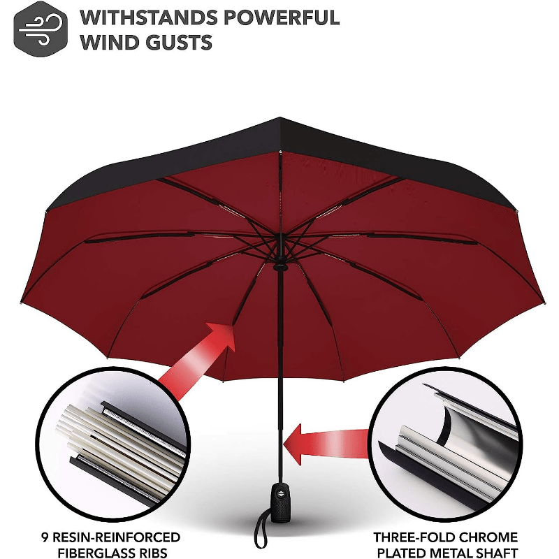 Windproof Travel Umbrella Compact Lightweight Automatic Strong Red Umbrella