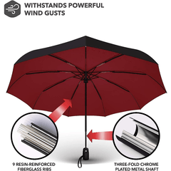 Windproof Travel Umbrella Compact Lightweight Automatic Strong Red Umbrella