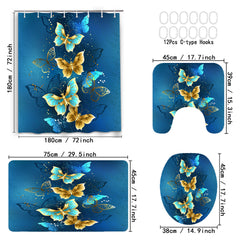 4pcs Golden Butterfly Shower Curtain Set 72 x 72 Inch