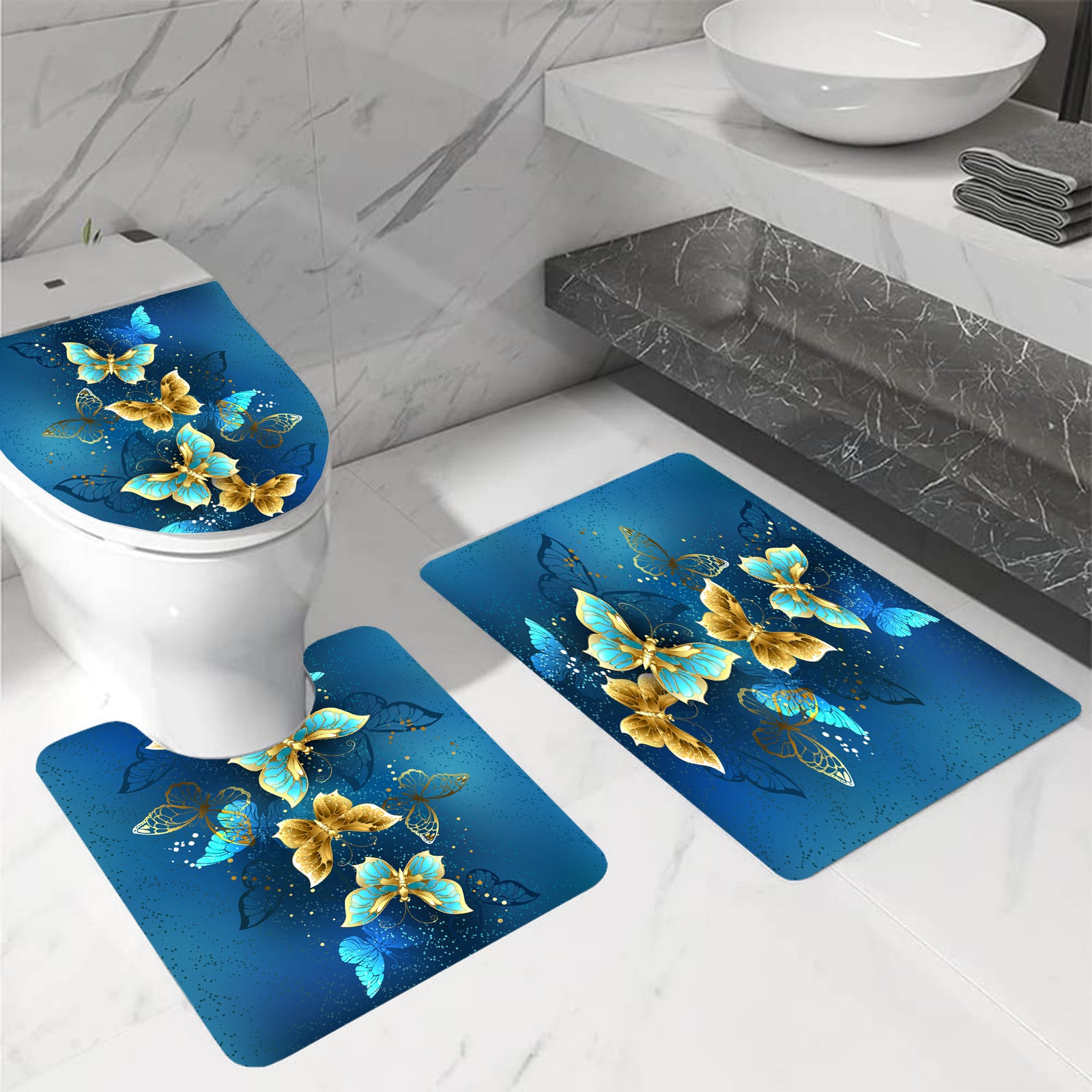 4pcs Golden Butterfly Shower Curtain Set 72 x 72 Inch