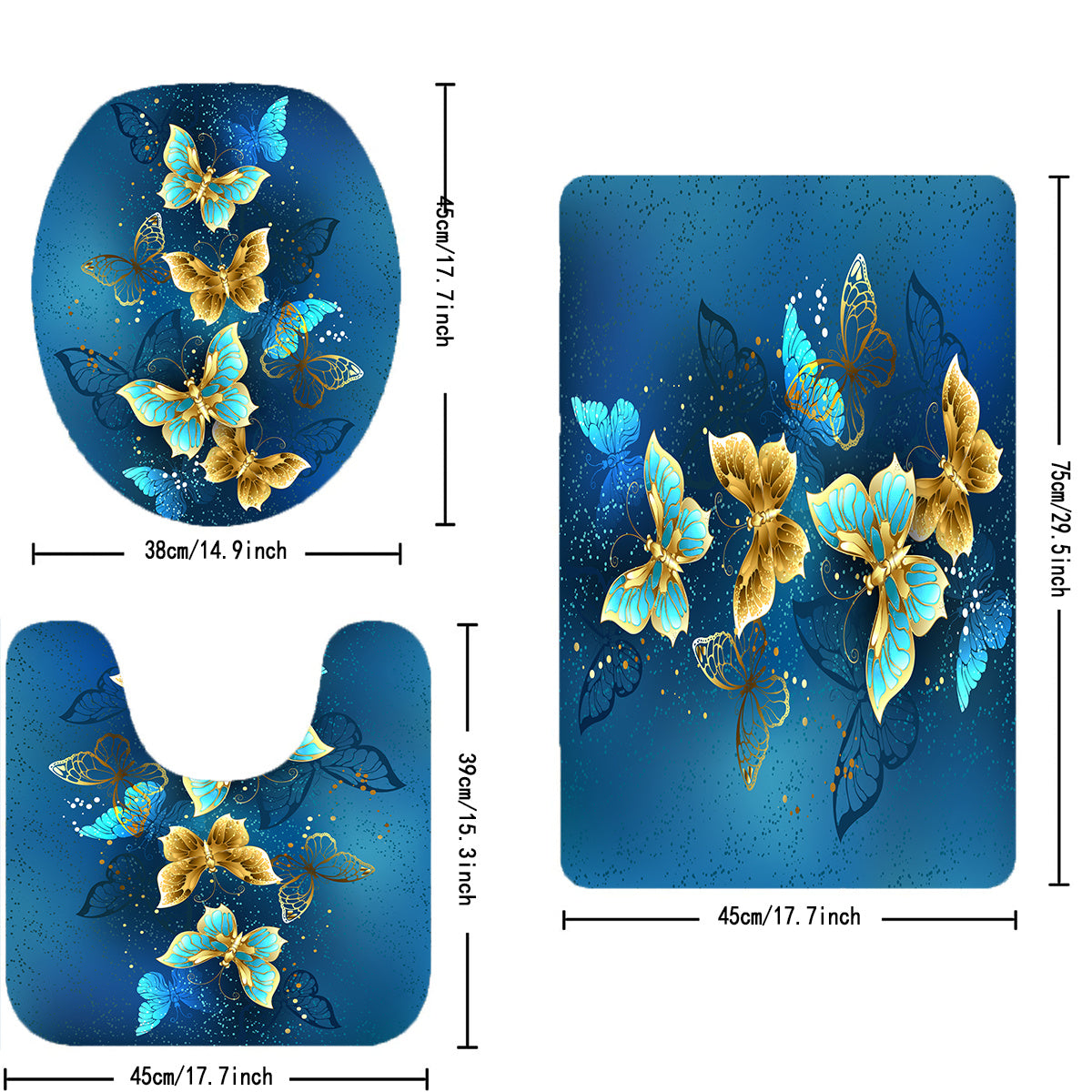 4pcs Golden Butterfly Shower Curtain Set 72 x 72 Inch