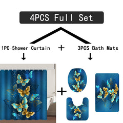 4pcs Golden Butterfly Shower Curtain Set 72 x 72 Inch