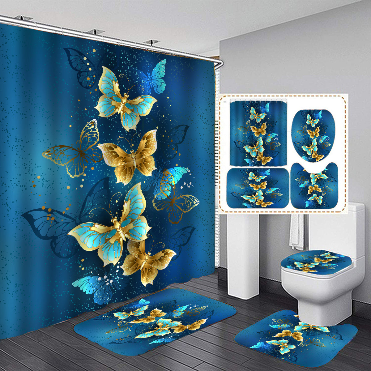 4pcs Golden Butterfly Shower Curtain Set 72 x 72 Inch