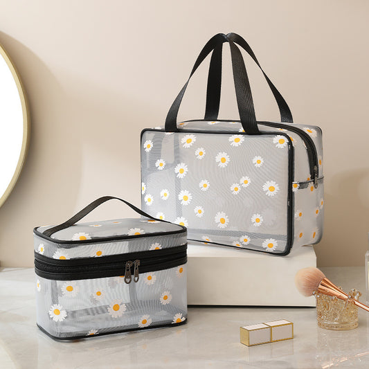 2-Pc Daisy Flower Makeup Bag Set, Transparent Toiletry Organizer Pouch