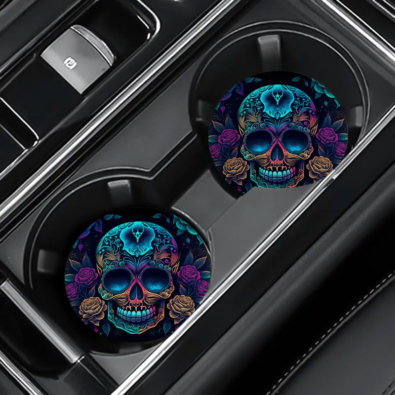 2pcs Skull Head Car Cup Holder Coaster Purple/Coffee Roses