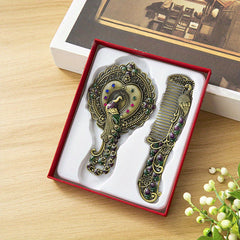 Vintage Mirror Comb Set Peacock Embossed Vanity Makeup Mirror