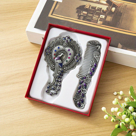 Vintage Mirror Comb Set Peacock Embossed Vanity Makeup Mirror