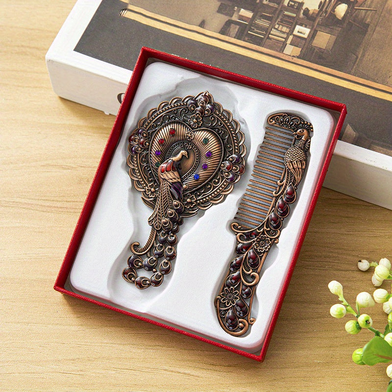 Vintage Mirror Comb Set Peacock Embossed Vanity Makeup Mirror