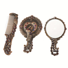 Vintage Mirror Comb Set Peacock Embossed Vanity Makeup Mirror