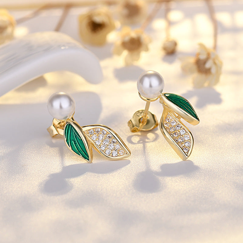 Leaf Pearl Earrings Japanese Style Holiday Jewelry