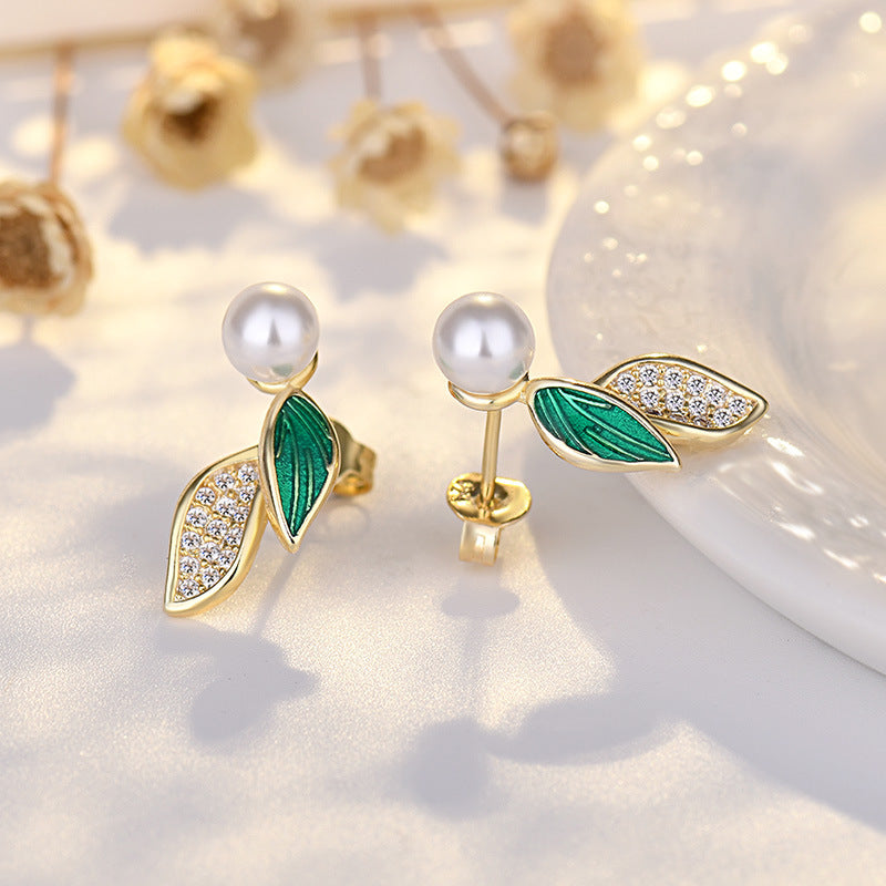 Leaf Pearl Earrings Japanese Style Holiday Jewelry