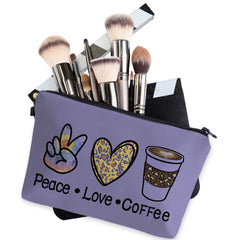 Peace Love Coffee Print Zipper Makeup Bag For Women Waterproof Purse