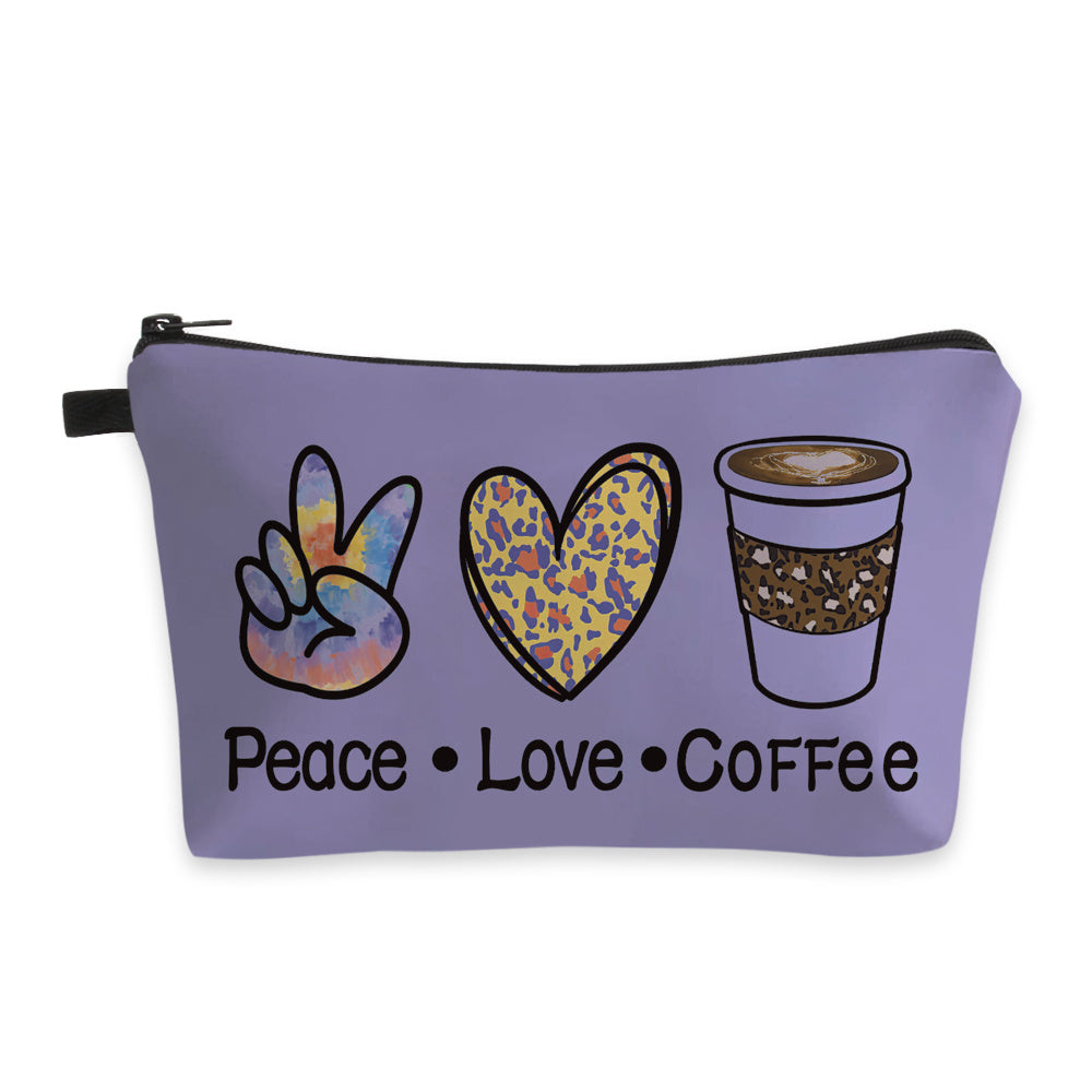Peace Love Coffee Print Zipper Makeup Bag For Women Waterproof Purse