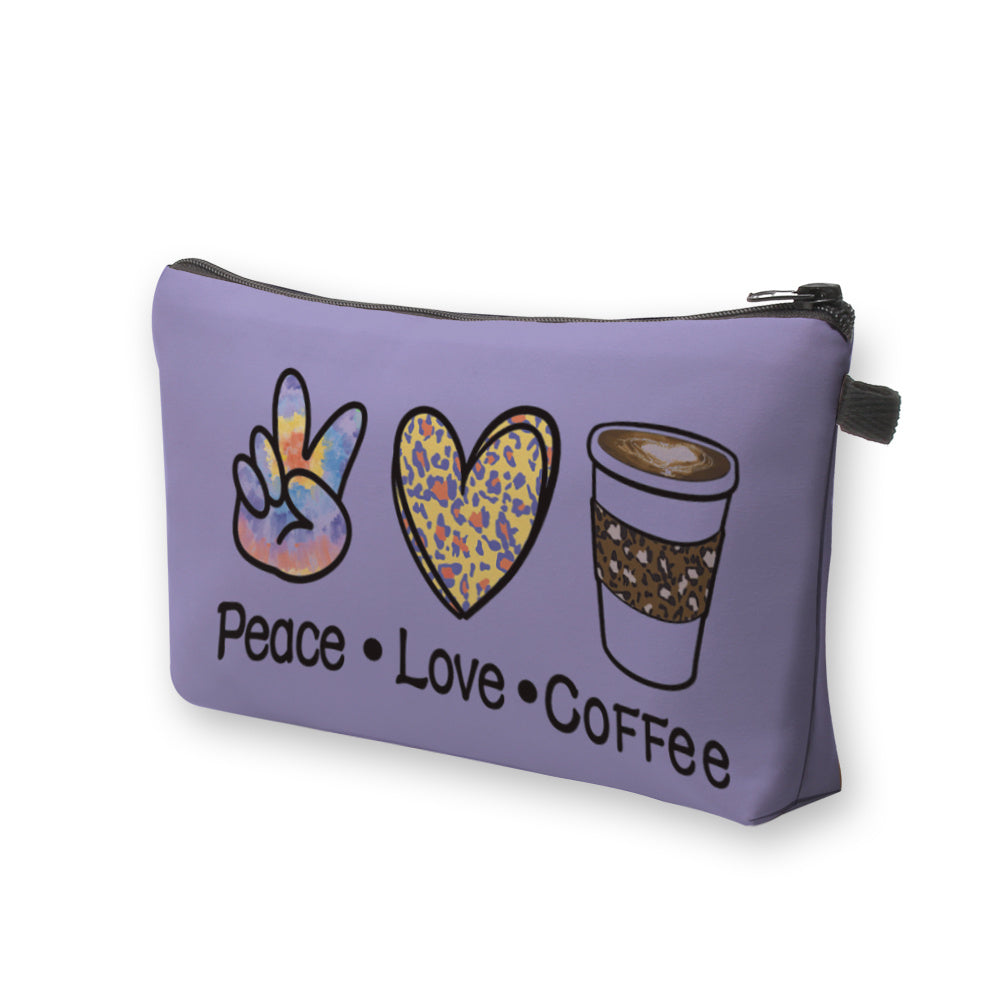 Peace Love Coffee Print Zipper Makeup Bag For Women Waterproof Purse
