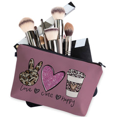 Leopard Print Zipper Makeup Bag Heart Coffee Cup Pattern Waterproof Purse