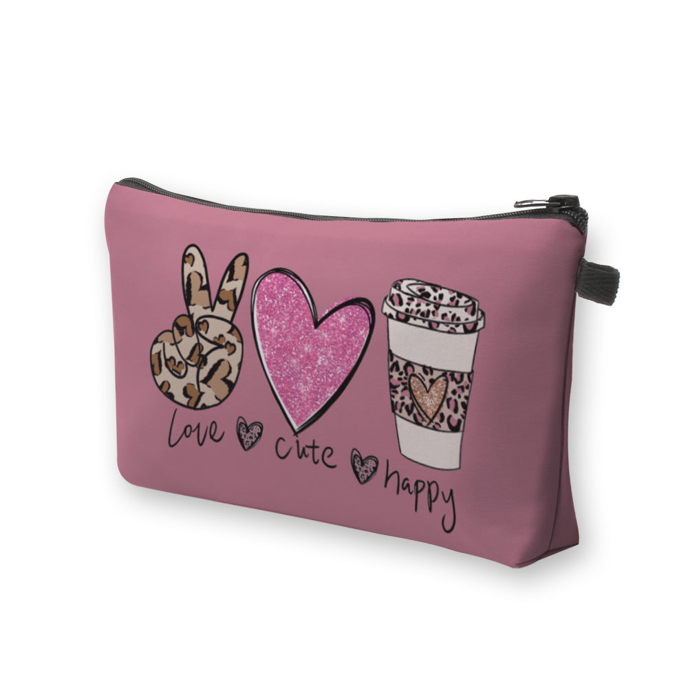 Leopard Print Zipper Makeup Bag Heart Coffee Cup Pattern Waterproof Purse