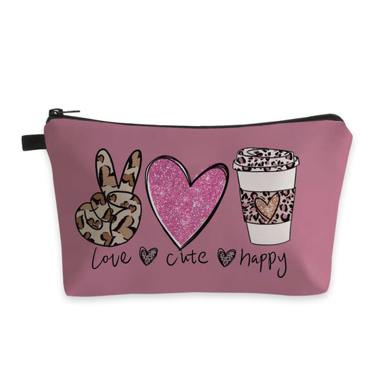 Leopard Print Zipper Makeup Bag Heart Coffee Cup Pattern Waterproof Purse