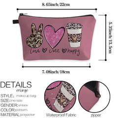Leopard Print Zipper Makeup Bag Heart Coffee Cup Pattern Waterproof Purse
