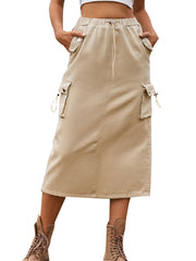 Khaki Elastic Waist Denim Midi Skirt