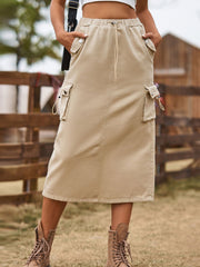Khaki Elastic Waist Denim Midi Skirt