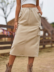 Khaki Elastic Waist Denim Midi Skirt