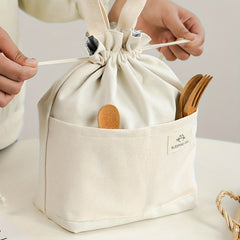 Canvas Lunch Bag Drawstring Portable Storage Bento Bag School Work Office Picnic