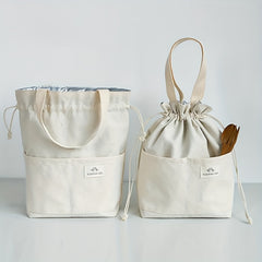 Canvas Lunch Bag Drawstring Portable Storage Bento Bag School Work Office Picnic