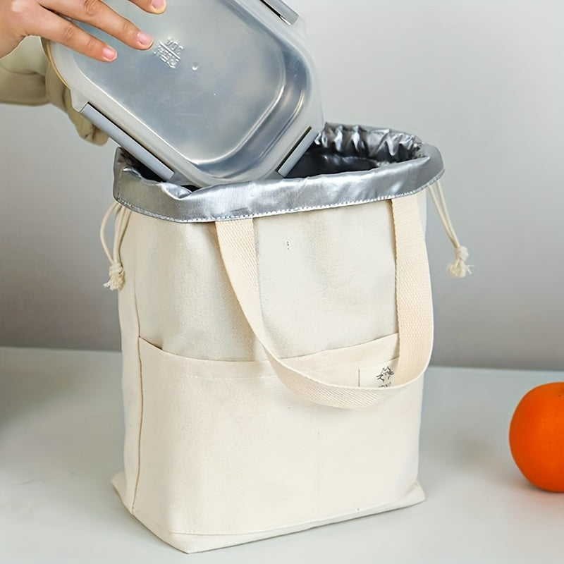 Canvas Lunch Bag Drawstring Portable Storage Bento Bag School Work Office Picnic
