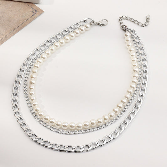 3pcs Punk Style Chain & Pearl Beaded Necklace