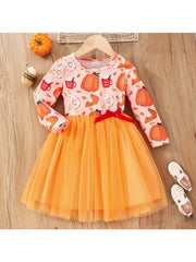 Sweet Pumpkin Graphic Girls Long Sleeve Tutu Dress Halloween Party
