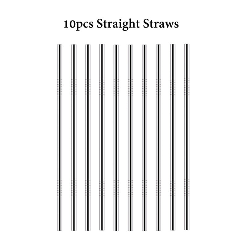 10pcs Stainless Steel Reusable Straws Set for Cocktails Milk Tea