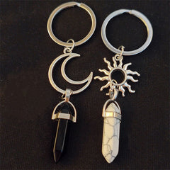 Sun Moon Keychain Natural Stone Hexagonal Crystal Backpack Pendant