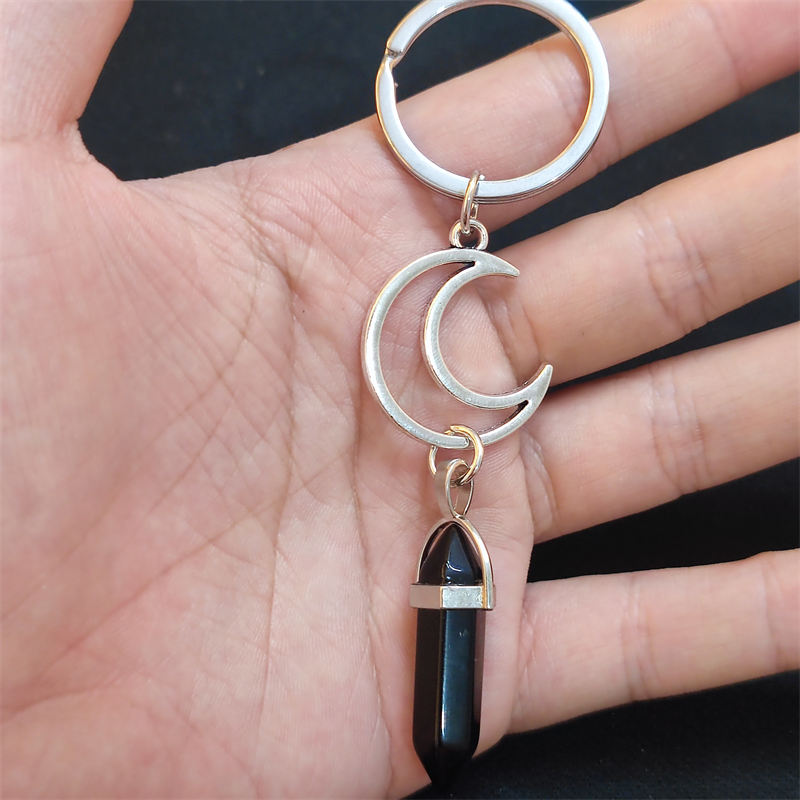 Sun Moon Keychain Natural Stone Hexagonal Crystal Backpack Pendant