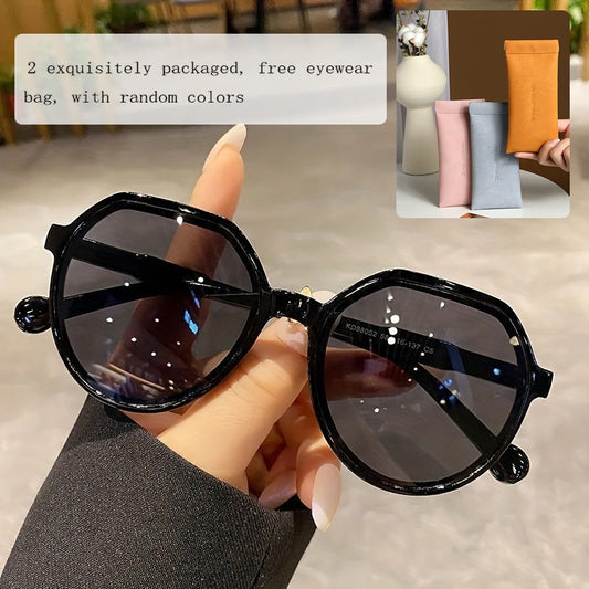 2pcs Small Oval Sunglasses Set & Leather Glasses Bag