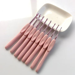 8pcs Pink Silvery Knitting Tools Soft Handle Aluminum Hook Needle Set