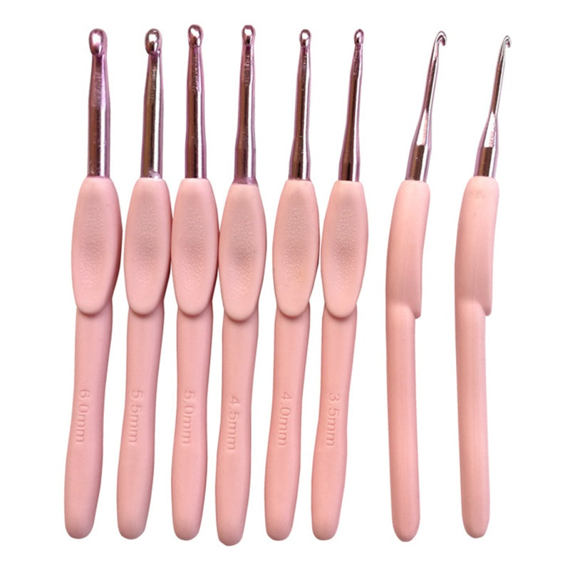 8pcs Pink Silvery Knitting Tools Soft Handle Aluminum Hook Needle Set