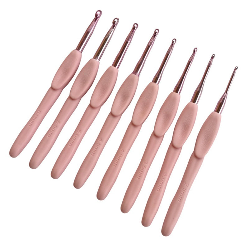 8pcs Pink Silvery Knitting Tools Soft Handle Aluminum Hook Needle Set
