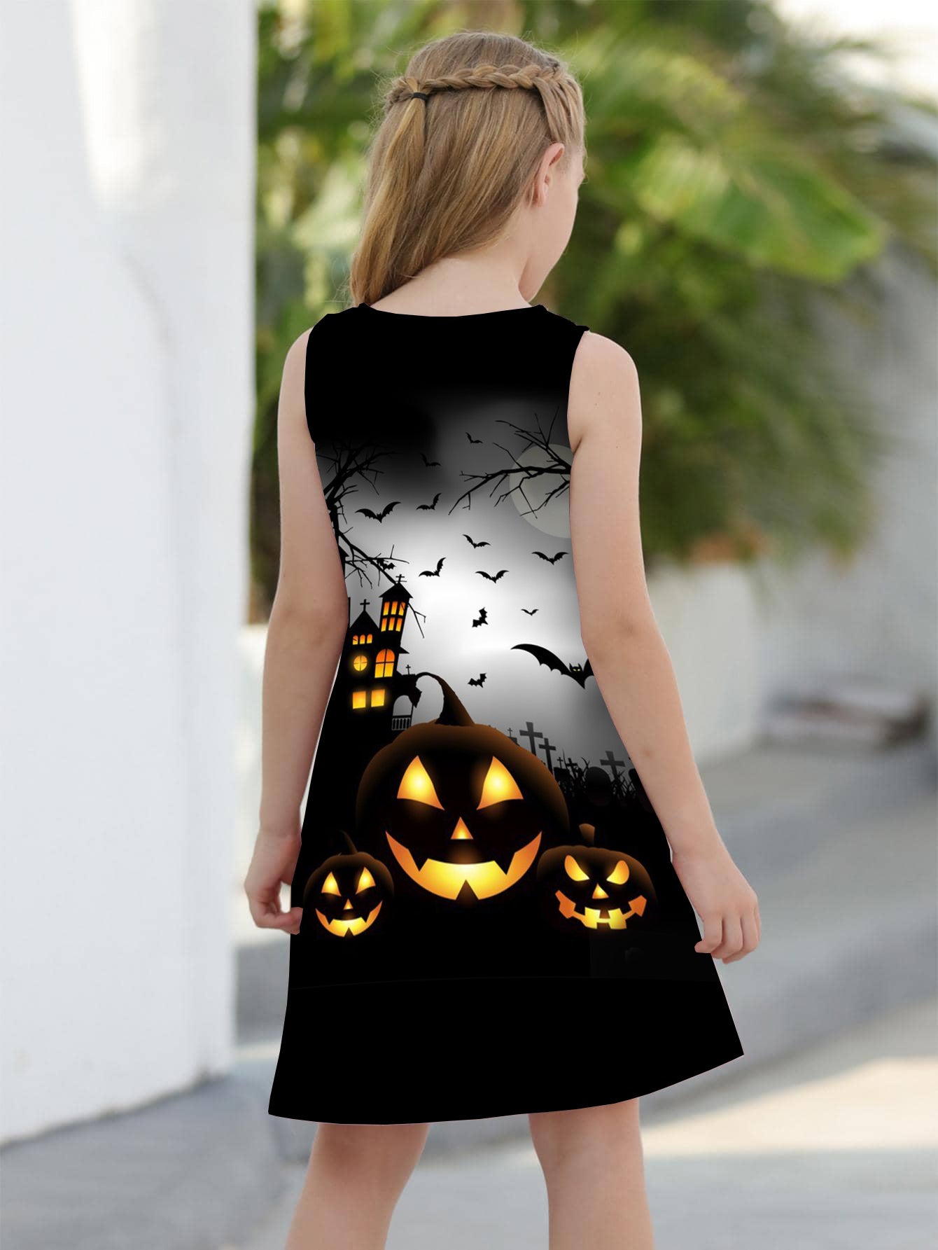 Girls Pumpkin & Ghost Sleeveless Dress Round Neck Halloween Casual Dress