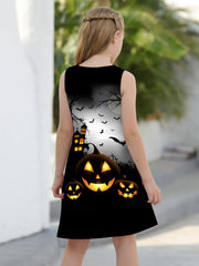 Girls Pumpkin & Ghost Sleeveless Dress Round Neck Halloween Casual Dress