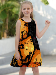 Girls Pumpkin & Ghost Sleeveless Dress Round Neck Halloween Casual Dress
