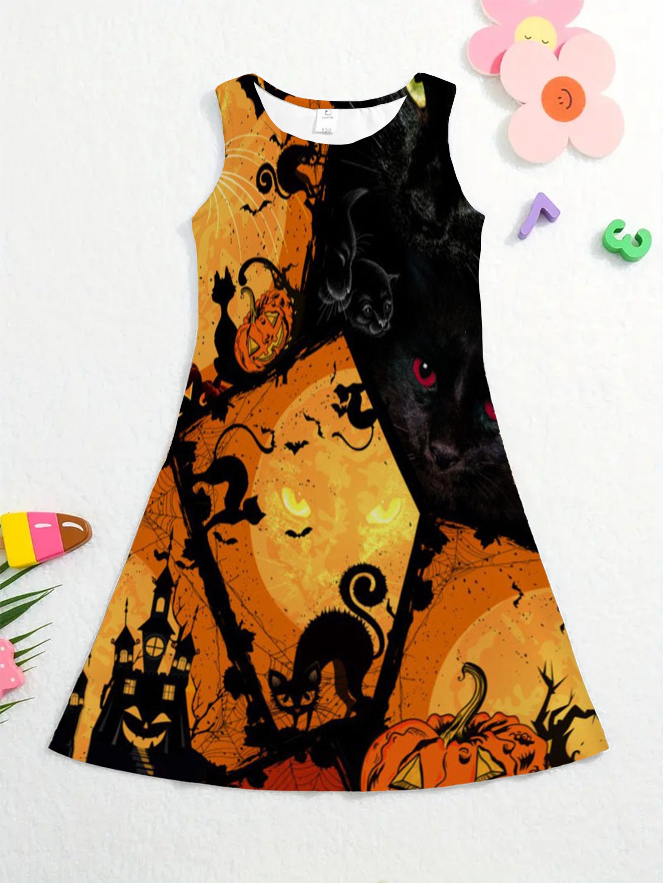 Girls Pumpkin & Ghost Sleeveless Dress Round Neck Halloween Casual Dress