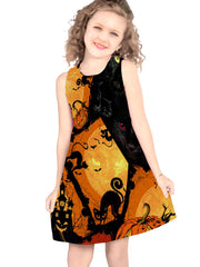 Girls Pumpkin & Ghost Sleeveless Dress Round Neck Halloween Casual Dress