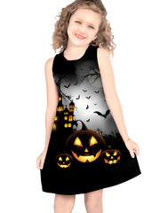 Girls Pumpkin & Ghost Sleeveless Dress Round Neck Halloween Casual Dress