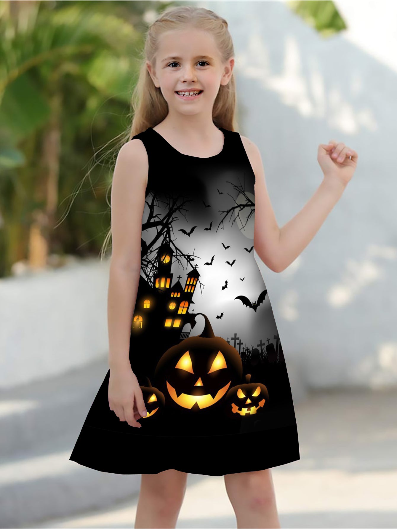 Girls Pumpkin & Ghost Sleeveless Dress Round Neck Halloween Casual Dress