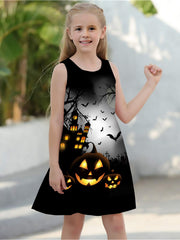 Girls Pumpkin & Ghost Sleeveless Dress Round Neck Halloween Casual Dress